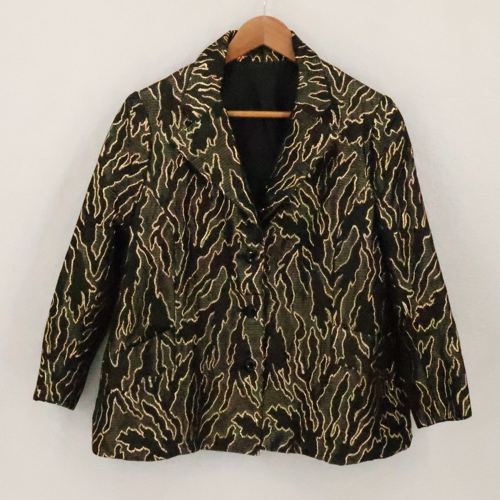 Metallic Tiger Print Brocade Blazer Womens Size S Gold Black Evening NYE Party